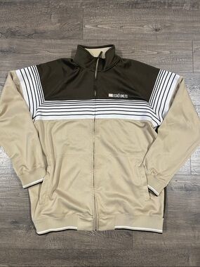 Ecko Unlimited Beige, Black and White Striped Zip-Up Sweater